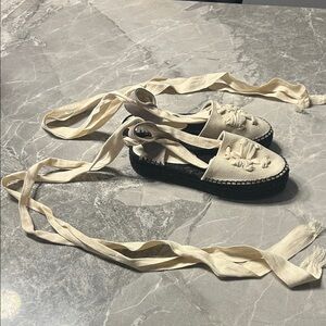 Tory Burch Cream Canvas Espadrille Lace-Up Flats with Black Sole